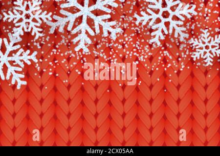 Winter warm red knitted background with realistic white snow and snowflakes. Cozy handmade texture for Christmas, New Year holiday banner, poster or g Stock Vector