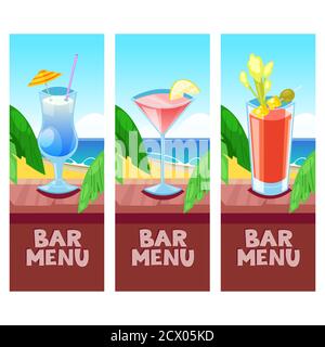 Beach bar menu vector design template with place for text. Cosmopolitan, blue coconut, bloody mary cocktails on wooden bar counter. Summer tropical ba Stock Vector