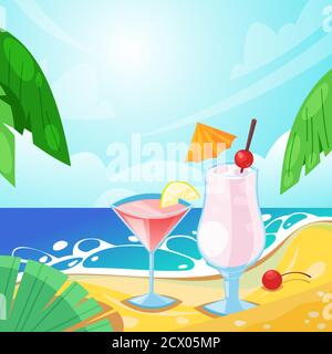 Tropical summer beach, alcohol beverages on sand. Vector bar illustration. Pina colada and cosmopolitan cocktails. Stock Vector