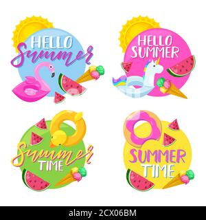 Set of circle summer stickers, badges, labels and tags. Hello summer vector illustration. Holiday, travel, beach vacation, pool party design elements. Stock Vector