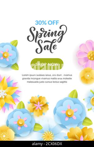 Spring sale vertical banner or poster design template. Vector illustration of paper layers craft flowers and hand drawn calligraphy lettering. Colorfu Stock Vector
