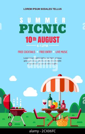Summer barbecue picnic, vector poster, banner layout. BBQ grill, umbrella, table with food and wine on meadow. Outdoors weekend and holiday background Stock Vector