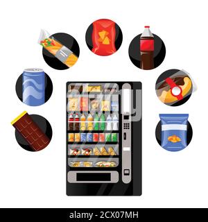 Vending snacks automatic machine and fast food products icons around. Vector flat cartoon illustration, isolated on white background. Meal and drinks Stock Vector