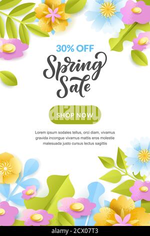 Spring sale vertical poster, banner, frame. Vector holiday greeting card design template. Paper layers craft style illustration of beautiful flowers a Stock Vector