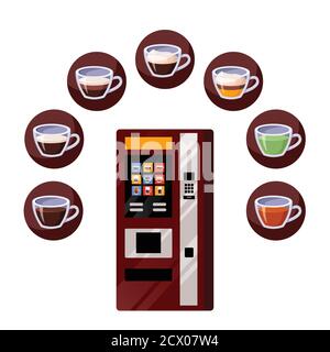 Vending coffee automatic machine, tea and coffee drinks icons around. Vector flat cartoon illustration, isolated on white background. Hot beverages se Stock Vector