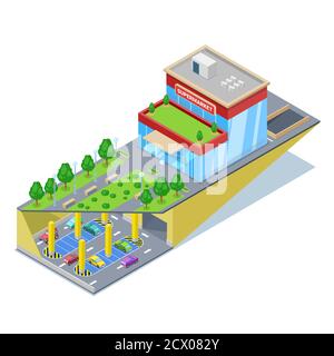 Underground car parking in shopping mall. Vector isometric 3D illustration. Urban building construction and city transport traffic concept. Stock Vector