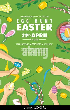 Egg hunt Easter poster, banner or flyer layout with place for text. Kids painting Easter eggs, vector top view illustration. Family holiday leisure co Stock Vector