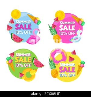 Set of color circle summer fashion sale banners. Stickers, badges, labels and tags design templates. Vector beach and tropical illustration. Stock Vector
