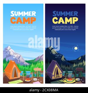 Summer camping in mountains valley, vector banner, poster design template. Adventures, travel and eco tourism concept. Touristic camp tent at day and Stock Vector
