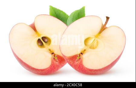 Red apple fruit cut in half isolated on white background Stock Photo