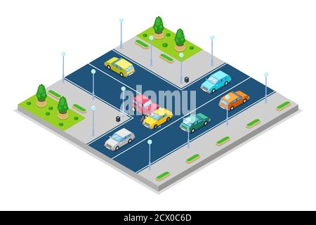 Car accident and crash, vector isometric 3D illustration. Collision at intersection of the main and secondary roads. Safety street traffic and road in Stock Vector