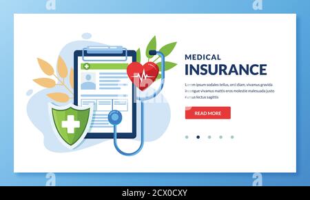 Health insurance concept. Vector flat medical care illustration. Heart, stethoscope, green shield and health insurance sheet. Landing page or banner d Stock Vector