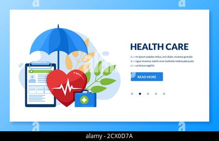 Health insurance concept. Vector flat medical care illustration. Heart, umbrella, first aid kit and health insurance sheet. Landing page or banner des Stock Vector