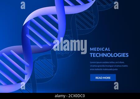 Abstract neon glowing 3d DNA blue background. Vector illustration. Medical technology, biotechnology, science research concept. Stock Vector