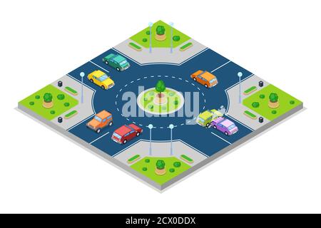 Car accident and crash, vector isometric 3D illustration. Collision at roundabout junction road. Safety street traffic and insurance concept. Stock Vector