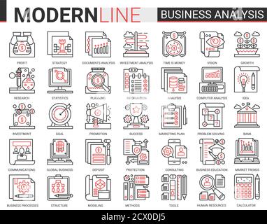 Business analytics concept complex thin red black line icons vector set, businessman analyst tools, digital analyzing stock market information, consulting strategy outline web symbols collection Stock Vector