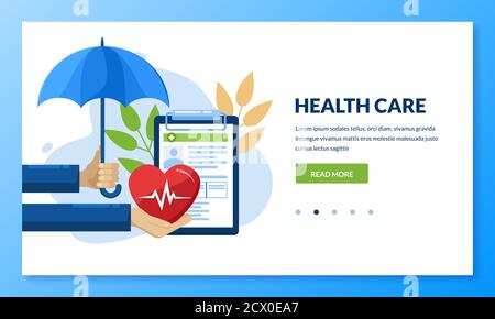 Health insurance concept. Vector flat medical care illustration. Human hand holding heart and umbrella. Landing page or banner design template for med Stock Vector