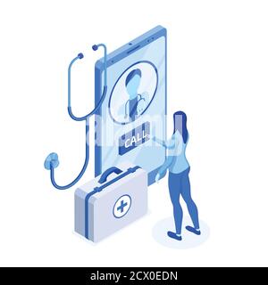 Online medical consultation, mobile app concept. Patient calls a doctor. Vector 3d isometric illustration. Stock Vector