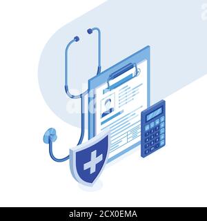 Medical insurance concept. Vector 3d isometric illustration. Medicine and healthcare blue gradient icons. Stock Vector