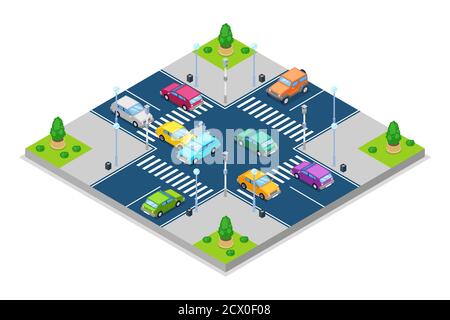 Car accident and crash, vector isometric 3D illustration. Collision at intersection with traffic lights. Safety street traffic and road insurance conc Stock Vector