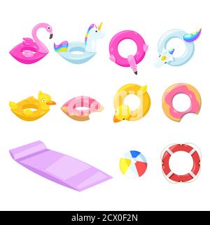 Pool cute kids inflatable floats, vector isolated design elements. Unicorn, flamingo, duck, ball, donut icons Stock Vector