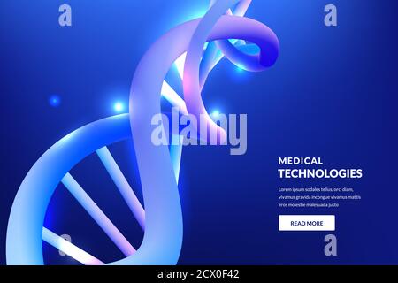 Abstract neon glowing 3d DNA blue background. Vector illustration. Medical technology, biotechnology, science research concept. Stock Vector