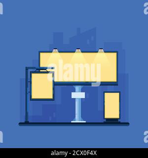 Street advertising concept. Glowing blank billboards set on night cityscape background. Vector flat illustration. Stock Vector