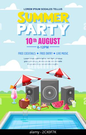 Summer pool party, vector poster, banner layout. Music loudspeakers, cocktails near swimming pool. Fun holiday and events background. Stock Vector