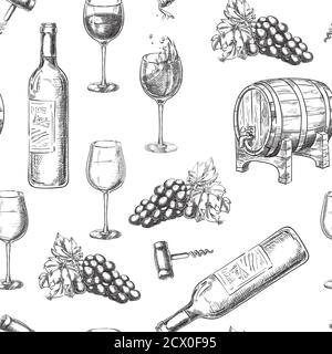 Wine seamless vector pattern. Sketch hand drawn illustration of bottle, glasses, grape vine, barrel, corkscrew. Print or background design. Stock Vector