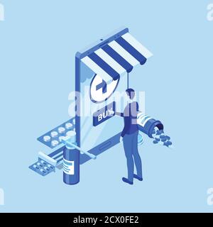 Online pharmacy store. Vector 3d isometric illustration. Man and drugstore on smartphone screen. Medicine and healthcare mobile app concept. Stock Vector