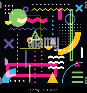 Geometric abstract background. Colorful vector trendy design elements on black background. Multicolor shapes set. Stock Vector