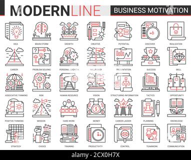 Business motivation complex concept thin red black line icon vector set with motivational outline symbols, productivity of financial processes, teamwork business planning, communication training Stock Vector
