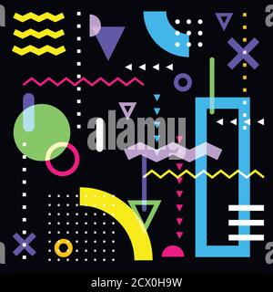 Colorful vector background with abstract geometric shapes. Memphis style design elements on black background. Stock Vector