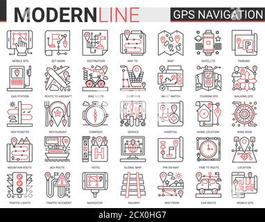 Gps navigation service complex concept line icon vector set. Red black thin linear website design collection of travel symbols for mobile navigator, map geo location of home or traveling destination Stock Vector
