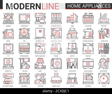 Home appliances complex concept line icon vector set. Red black thin linear symbols for house cleaning, kitchen or bathroom household items, hair body care and electronic gadgets outline collection Stock Vector