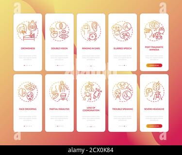 Neurological problem sign red gradient onboarding mobile app page screen with concepts set Stock Vector