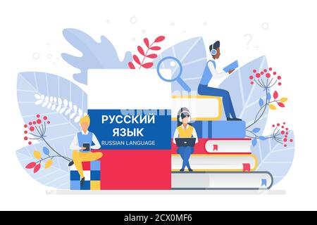 People learning russian language vector illustration. Russia distance education, online learning courses concept. Students reading books cartoon characters. Teaching foreign languages Stock Vector