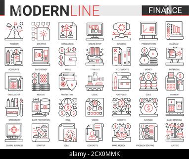 Finance concept complex thin red black line concept icon vector set with outline financial business symbols collection commerce analysis technology, economic data consulting and analyzing bank account Stock Vector