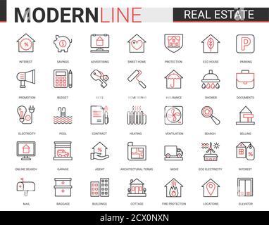 Real estate thin red black line icon vector illustration set. Linear symbols of house sale or insurance contract, mortgage calculator of home apartment search app, household equipment editable stroke Stock Vector