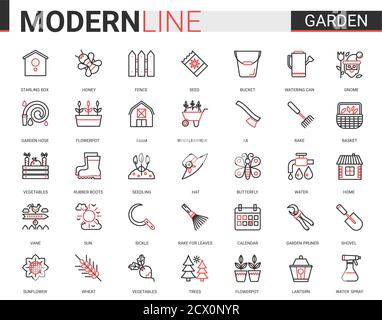Garden farm tools flat icon vector illustration set. Red black thin line gardening or landscaping accessories for gardener farmer worker, agriculture equipment collection of outline pictogram symbols Stock Vector