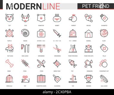 Pet shop thin red black line icon vector illustration set with outline veterinary symbols for dog cat snake fish mouse hamster rabbit parrot bird pet care vet items, linear food toy for adopted animal Stock Vector