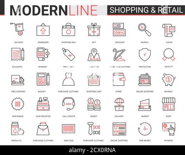 Shopping retail thin red black line icon vector illustration set. Linear commercial shop website app symbols for online order, free shopping delivery, customer web support call center editable stroke Stock Vector