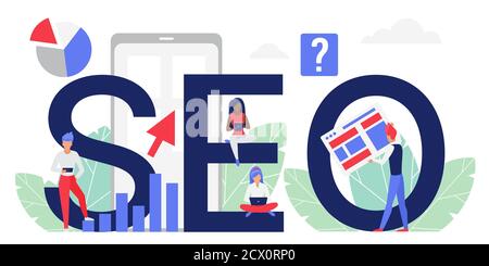 Seo word concept vector illustration. Cartoon flat people analysts working on laptop or tablet, analyzing web search data rank for optimization business and marketing, seo technology isolated on white Stock Vector