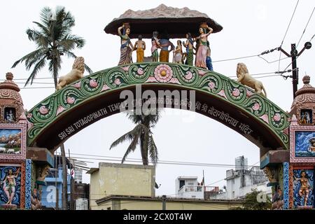 Puri, India - February 3, 2020: The decorative entrance to Sri Sri Totagopinath Temple with colorful sculptures and religious symbols on February 3, 2 Stock Photo