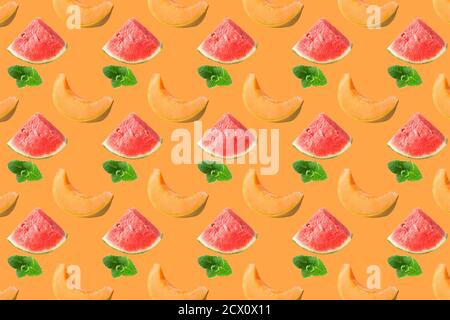 Pattern of fresh fruits isolated on creative colored texture Stock Photo