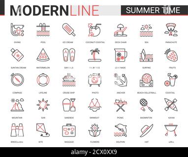 Summer time vacation thin red black line icon vector illustration set. Website outline summertime pictogram app symbols collection with travel or beach holiday items and sport activity editable stroke Stock Vector