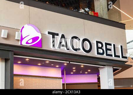 Seville,Spain - September 18,2020: Taco Bell, a fast-food restaurant of Mexican inspired menu, tacos, burritos, quesadillas, nachos,serves more than 2 Stock Photo