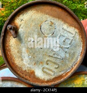 Wietze, Germany, September 10., 2020: Old used drum for petroleum and petroleum products of the brand Texaco, illustrativ editorial Stock Photo