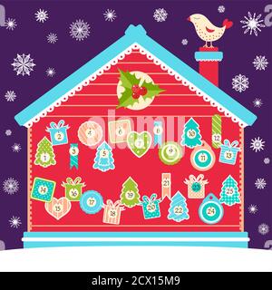 Square background with Christmas advent calendar with cartoon bird, house and labels in retro style. Set of winter holiday xmas tags with numbers. Vec Stock Vector