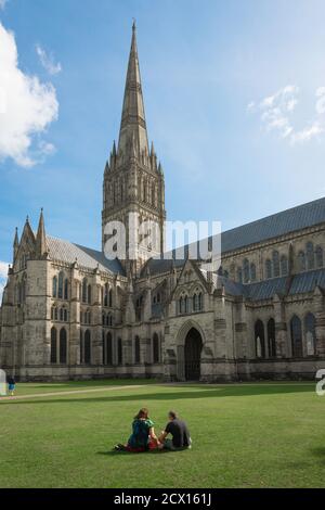 Salisbury UK, view in summer towards 13th century Salisbury cathedral and its 123m high spire, Wiltshire, England, UK Stock Photo